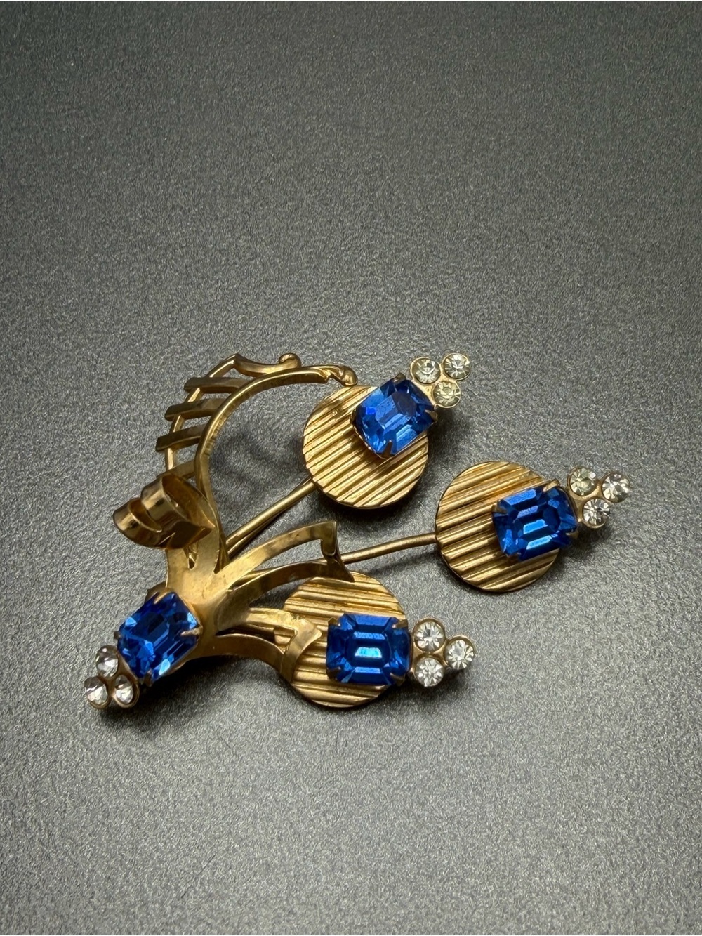 Vintage Art Deco  Brooch with Blue Rhinestone Accents #cz50